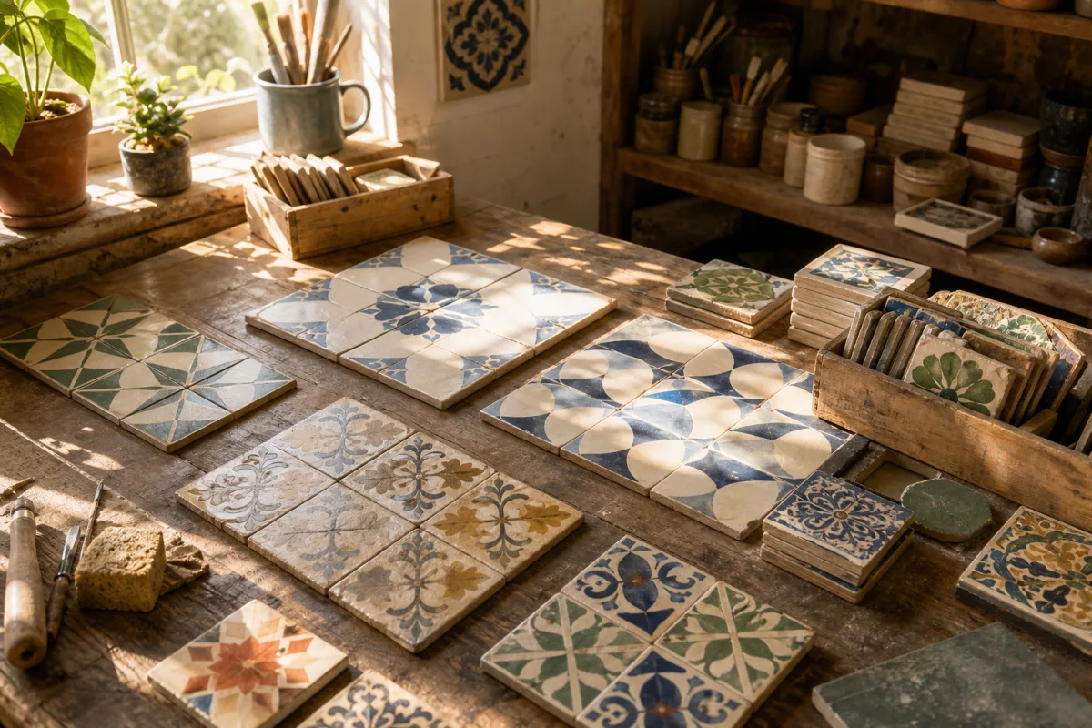 a sunlit workshop bench covered with assorted decorative tiles laid out in…