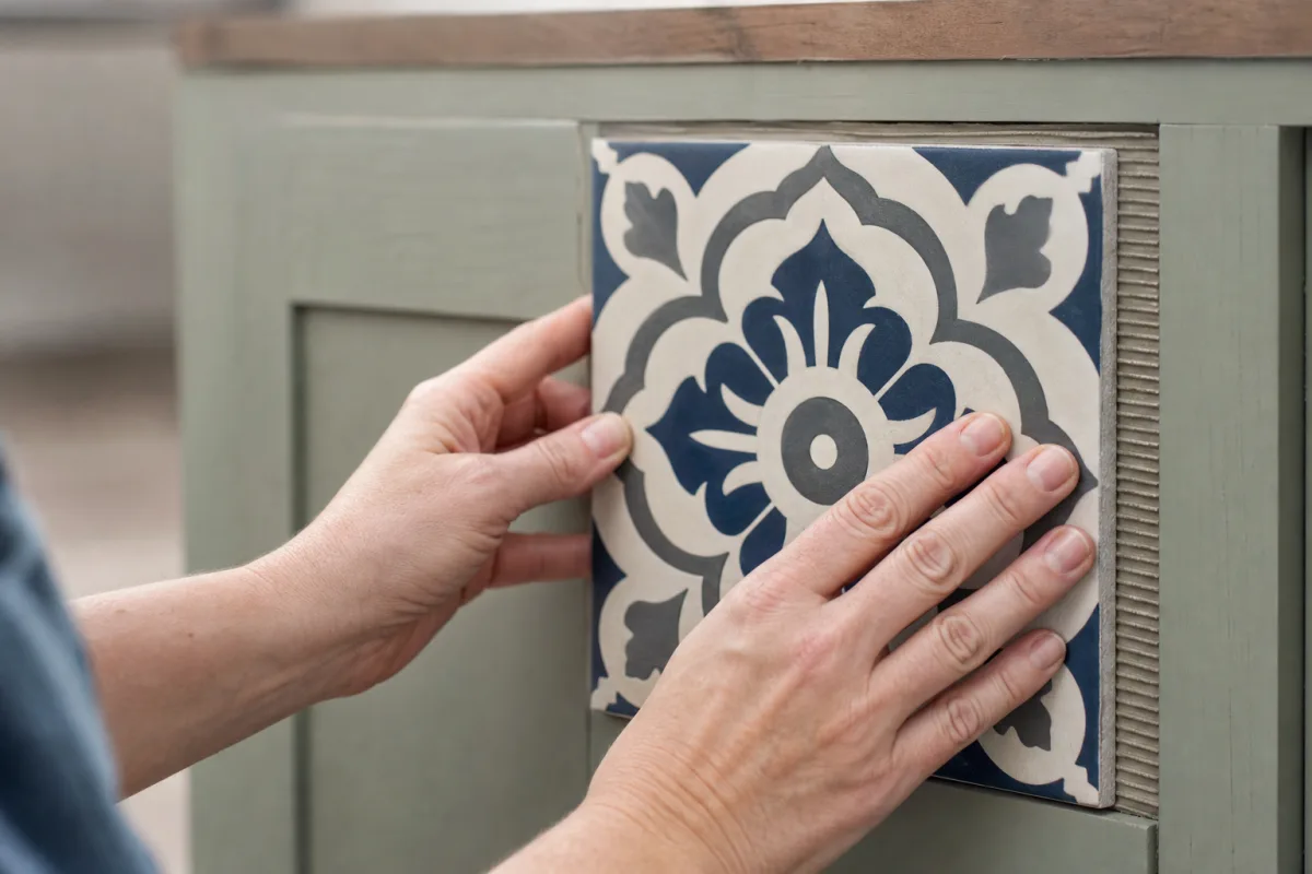 close-up of hands pressing a decorative encaustic tile onto a cabinet surface,…