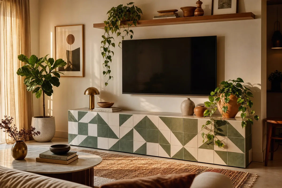 a beautifully styled living room featuring a geometric tiled TV cabinet with…