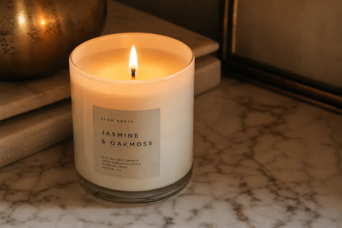 a close-up of a white soy candle burning on a marble surface,…