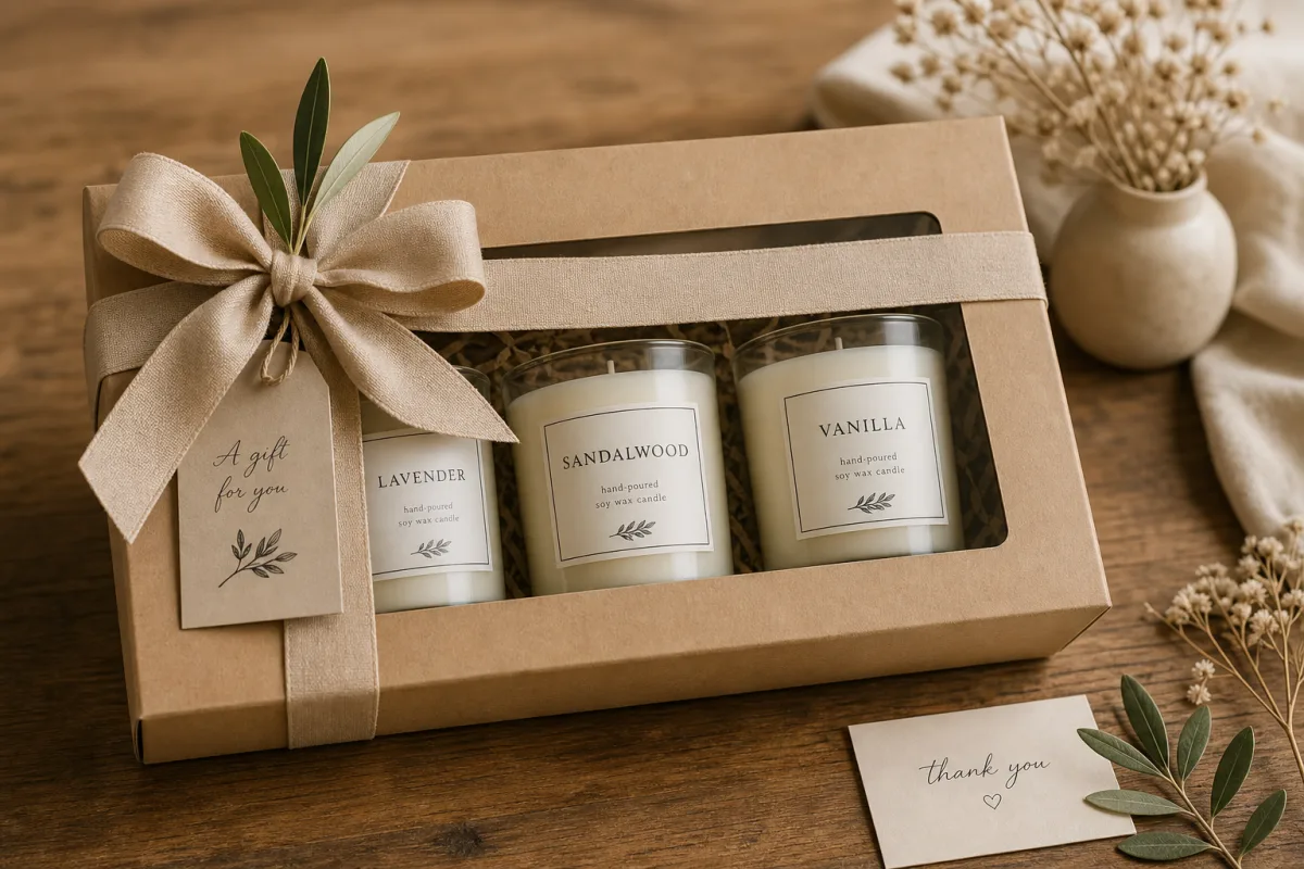an elegantly wrapped candle gift set on a wooden table, neutral kraft…
