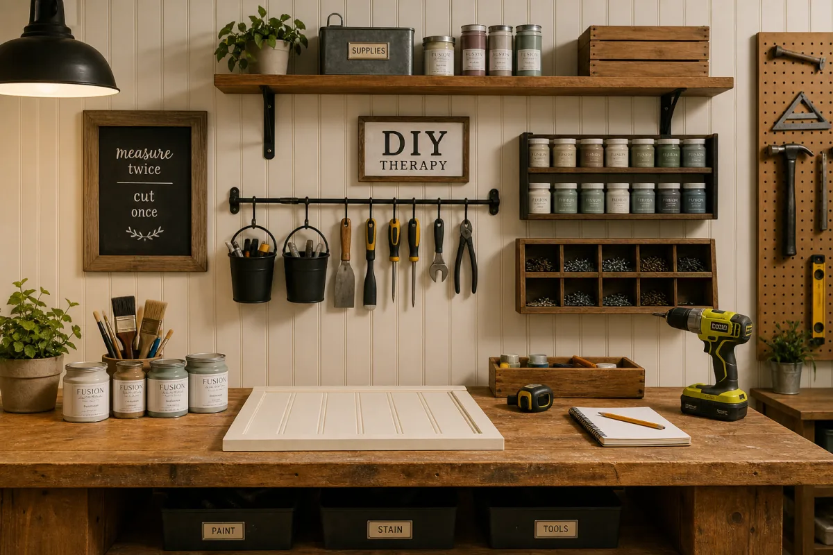 a neatly organized DIY workspace with beadboard panels, tools, and paint supplies…