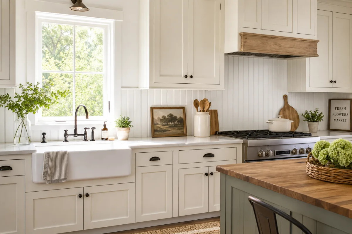 a bright farmhouse kitchen with freshly installed white beadboard backsplash between countertops…