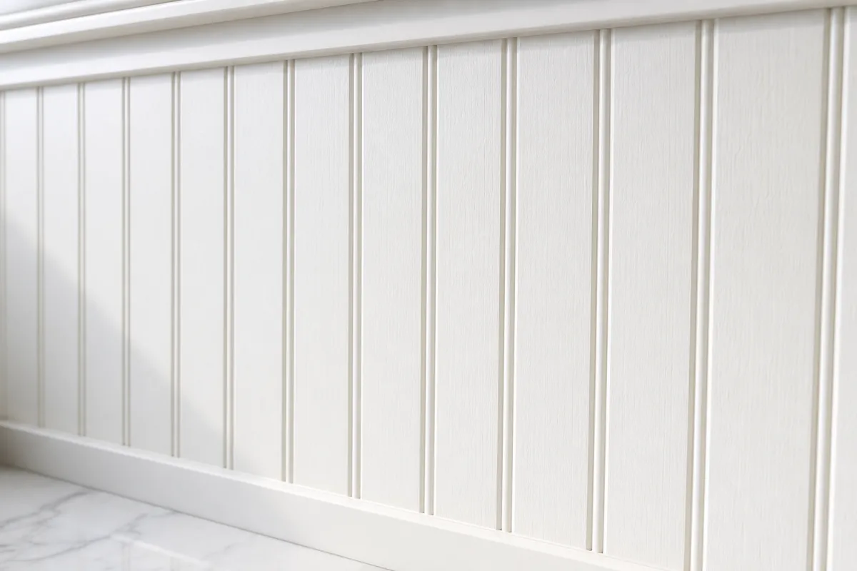 a close-up detail shot of white painted beadboard backsplash with soft natural…
