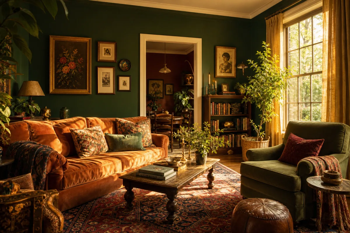 a warm, sunlit living room with rich jewel-toned walls and layered textiles,…