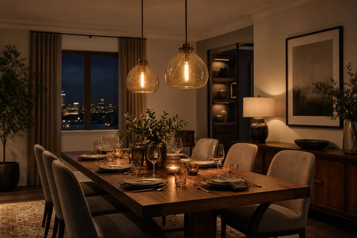 an elegantly lit dining room with warm pendant lights casting a soft…
