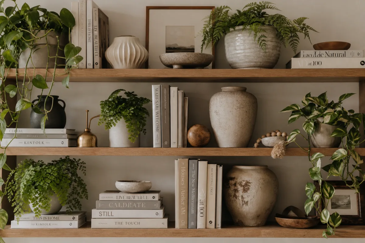 a beautifully styled shelf with layered books, ceramic objects, and lush trailing…