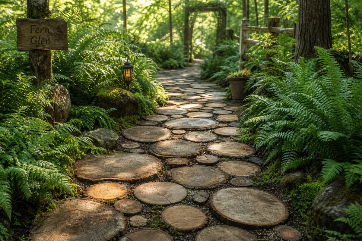 a rustic garden path made of varied wood slices surrounded by lush…