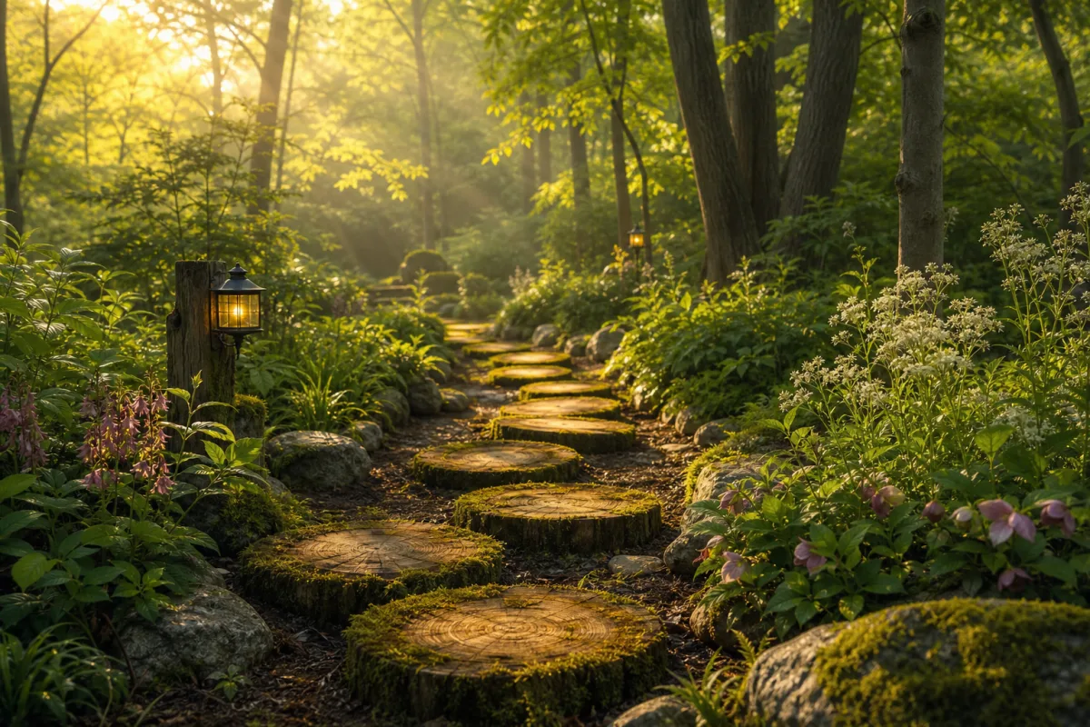 a lush woodland garden path of moss-covered wood slices leading into misty…