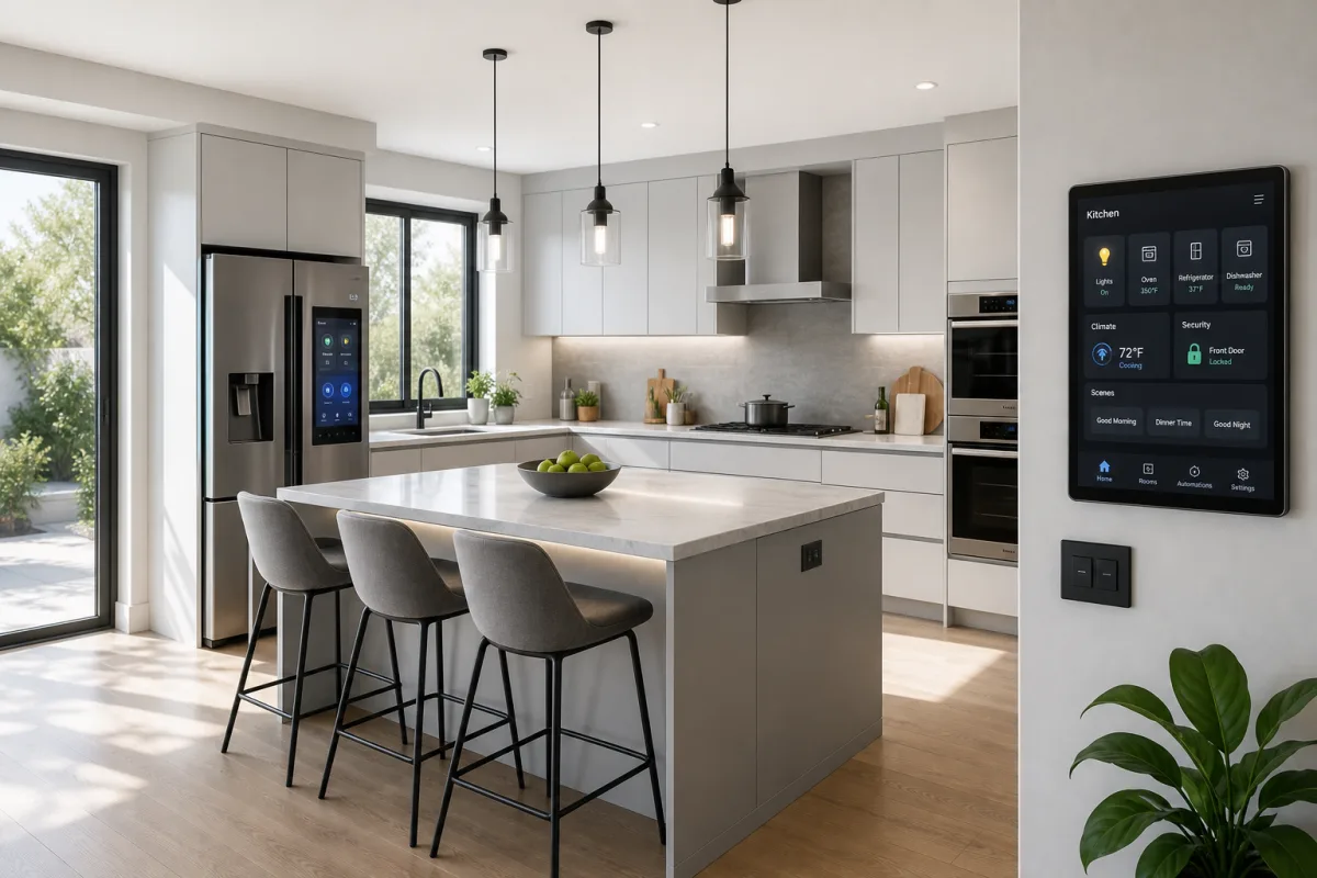 a sleek modern kitchen with smart appliances and digital control panel on…