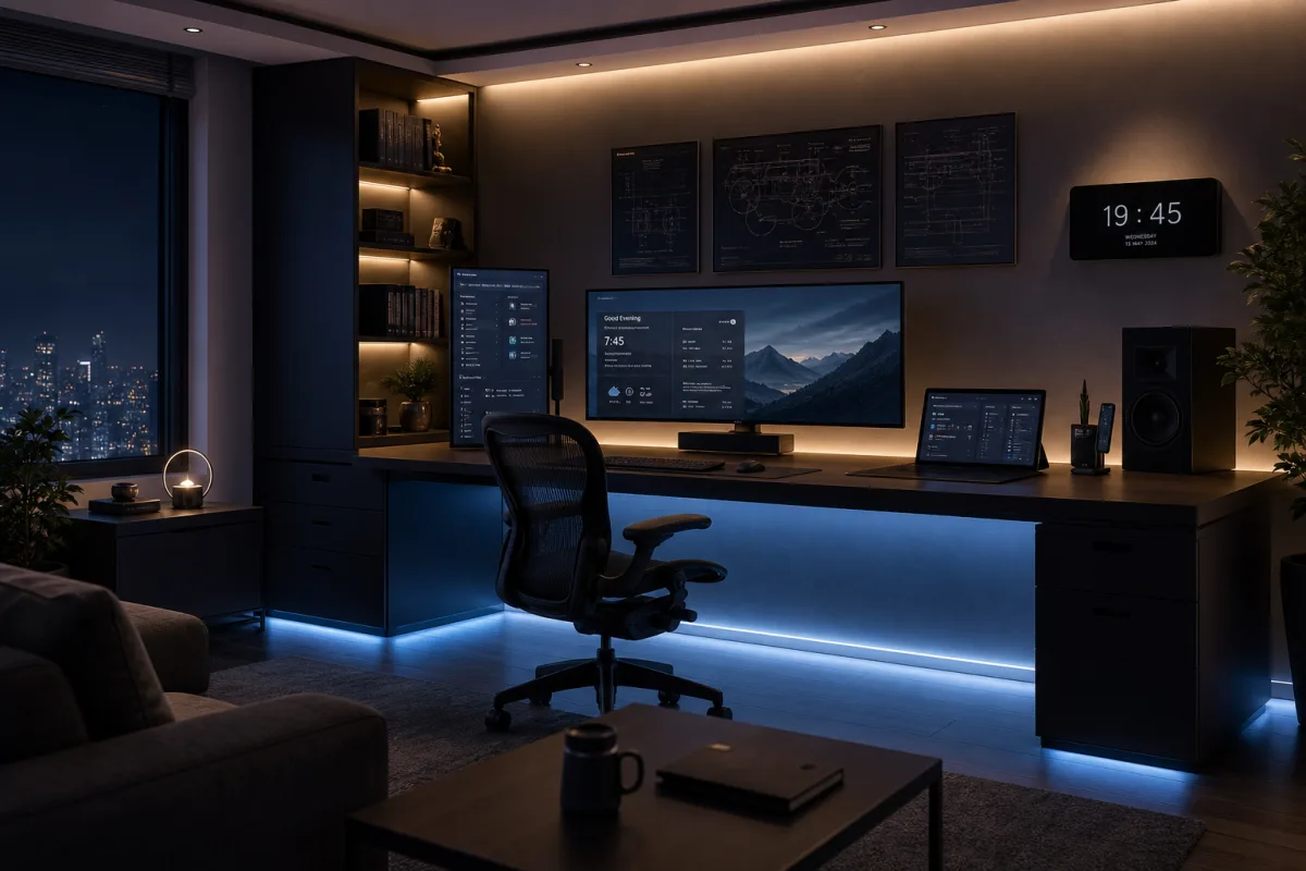 a high-tech home office with multiple smart screens, ambient underglow lighting, and…
