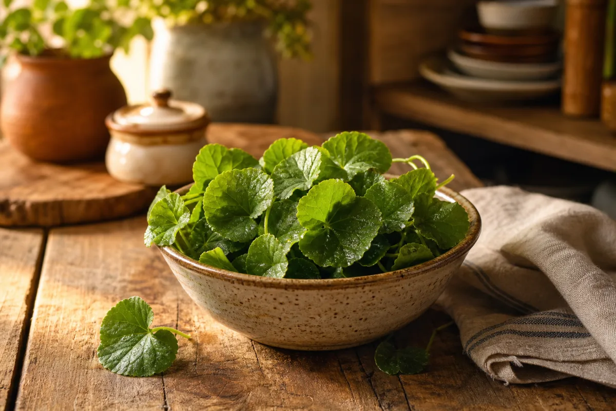 a rustic wooden table with fresh navelwort leaves in a ceramic bowl,…
