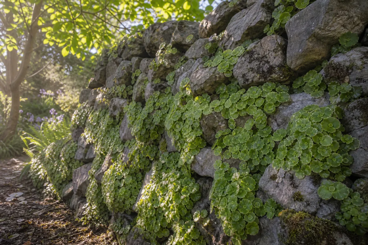 a sunlit stone garden wall covered in navelwort rosettes, dappled shade and…
