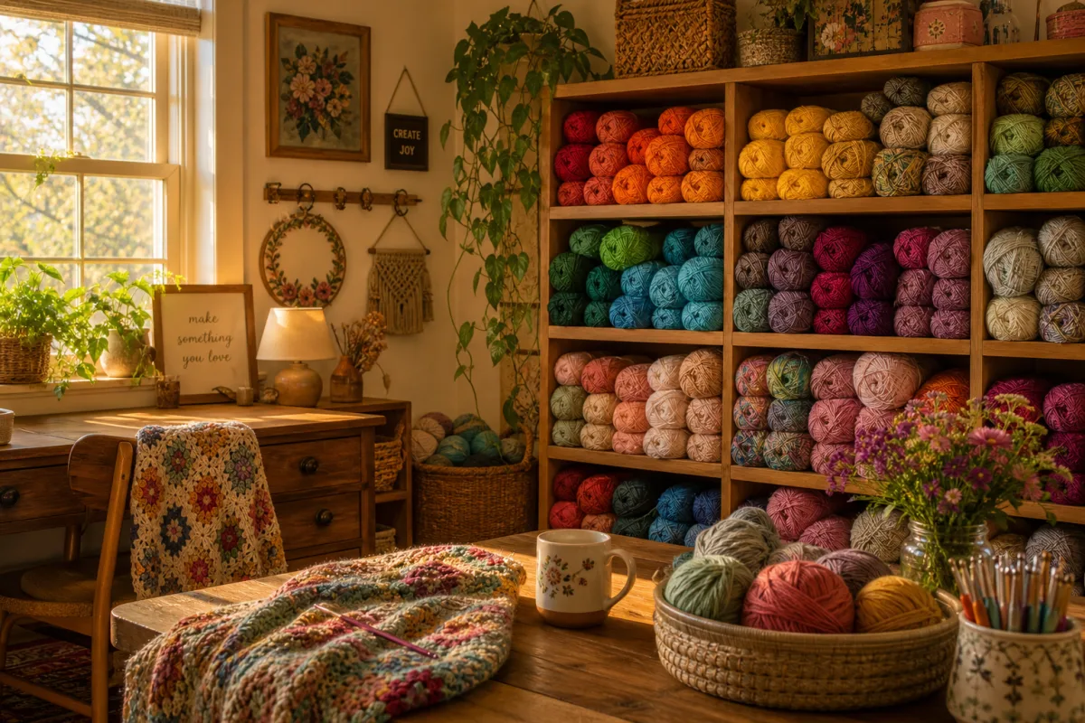 a cozy craft room with colorful yarn skeins arranged on wooden shelves,…