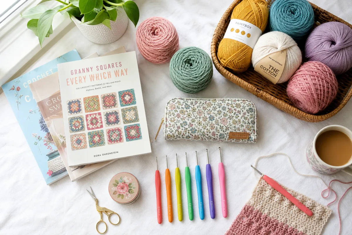 a flat lay of colorful crochet hooks yarn balls and pattern books…