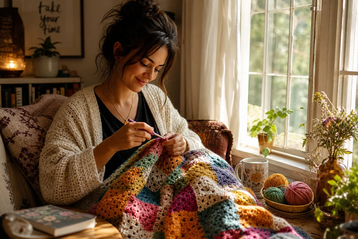 a woman crocheting a colorful blanket by a window with soft afternoon…
