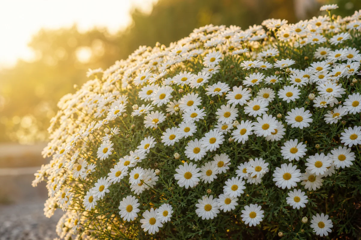 a mature flowering Snowy Daisy Bush covered in white blooms, golden hour…