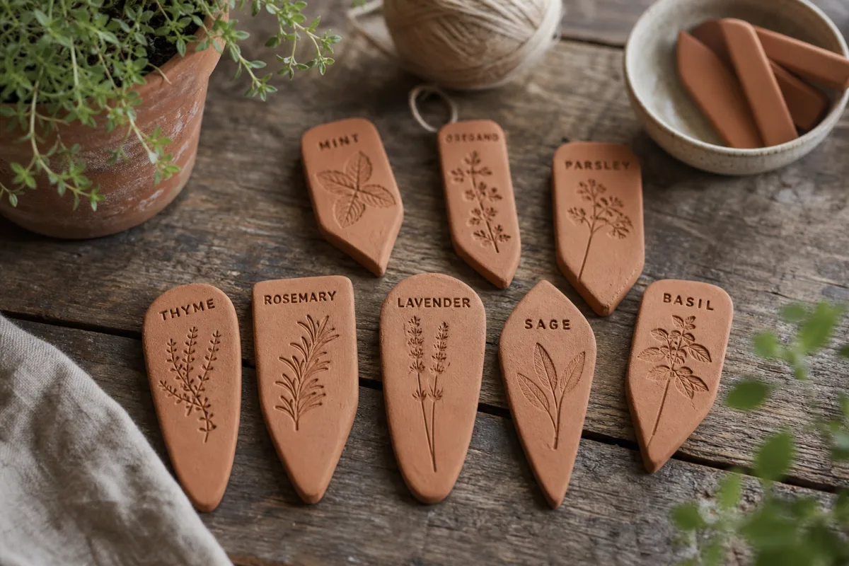 a rustic wooden table displaying handmade clay plant markers in terracotta tones…