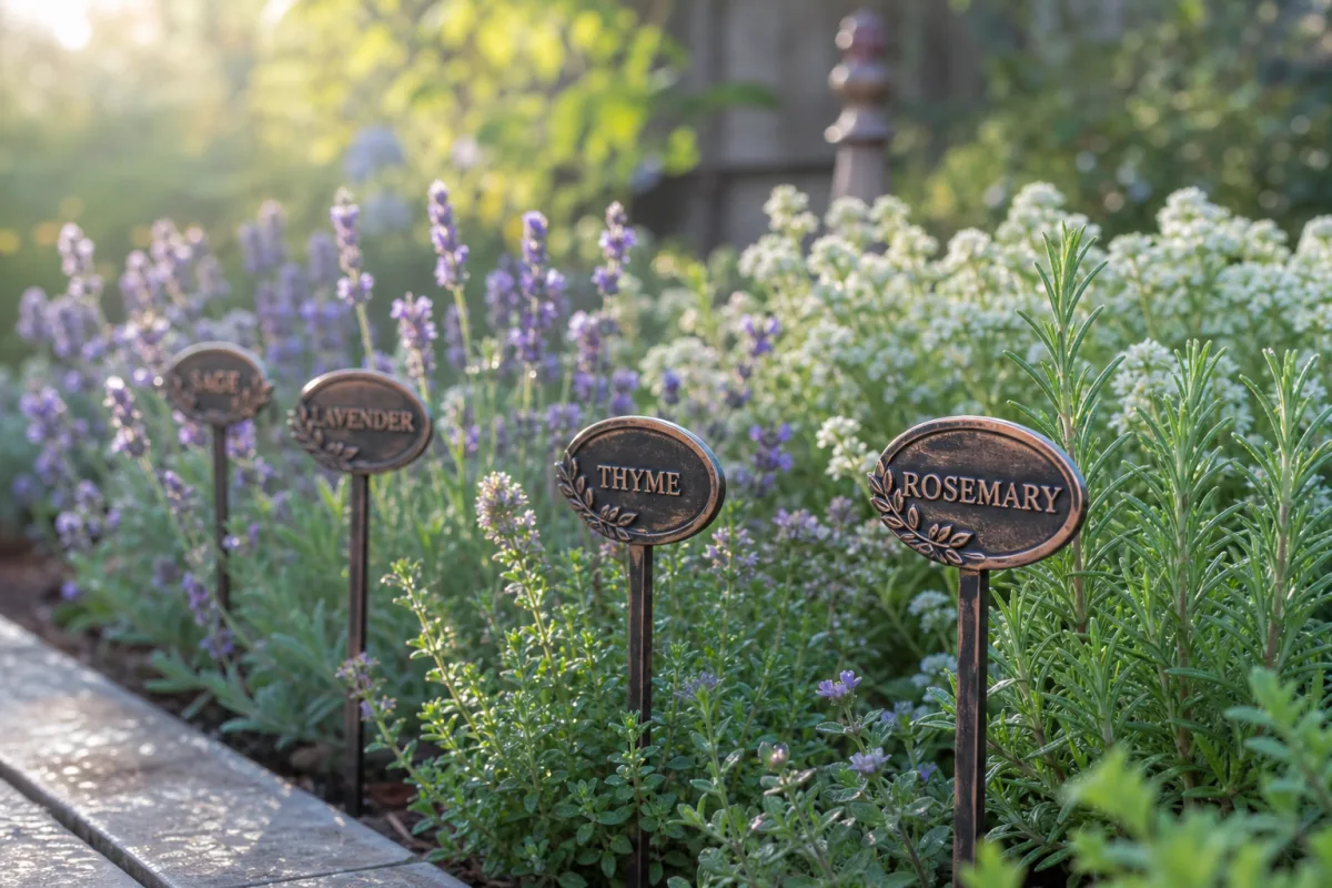 an elegant garden border with copper and metal plant stake markers among…