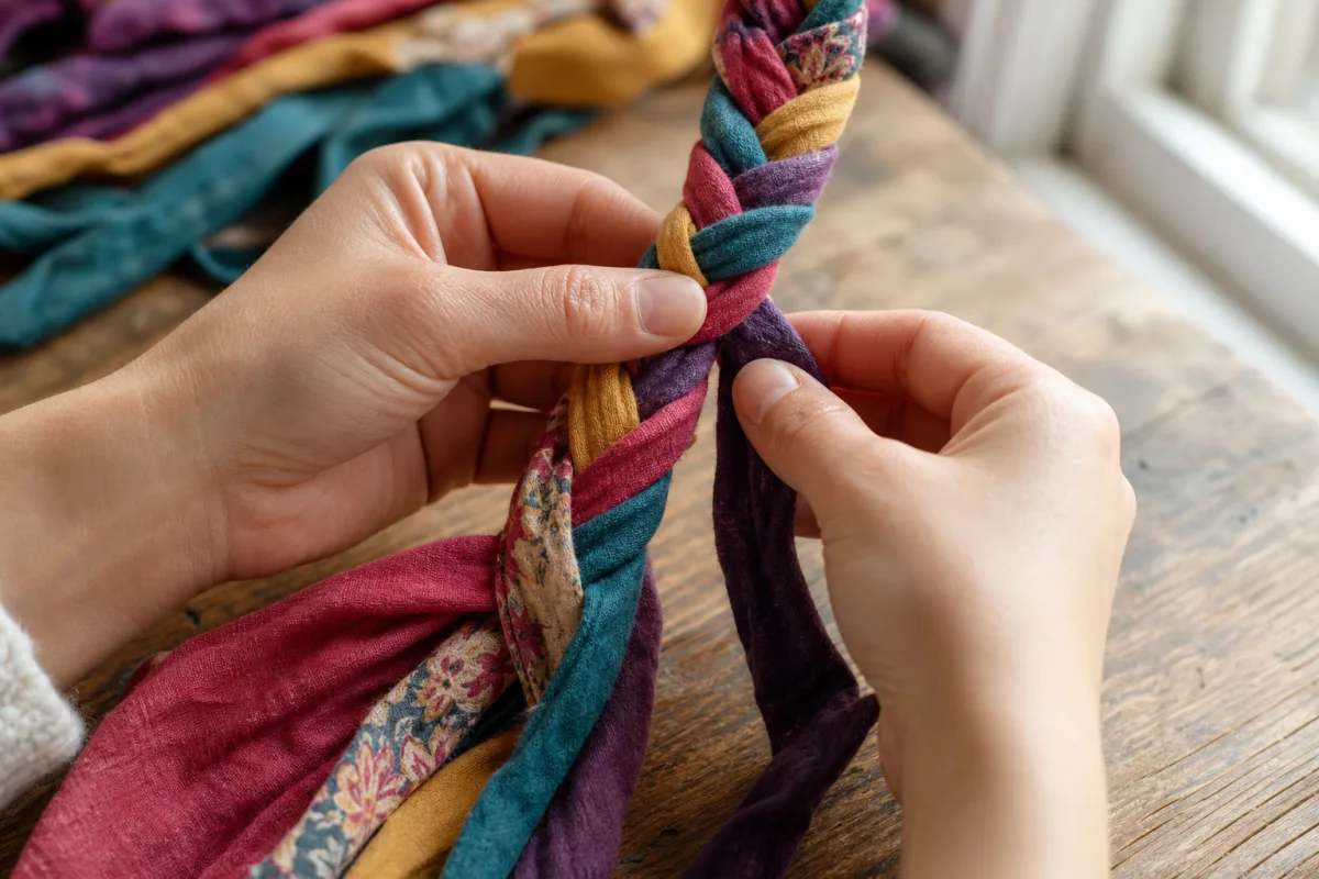 close-up of hands braiding colorful fabric strips on a wooden surface, soft…