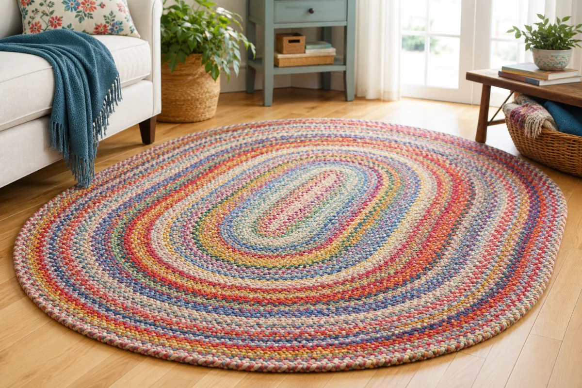 a finished colorful braided rag rug on a light hardwood floor, cozy…