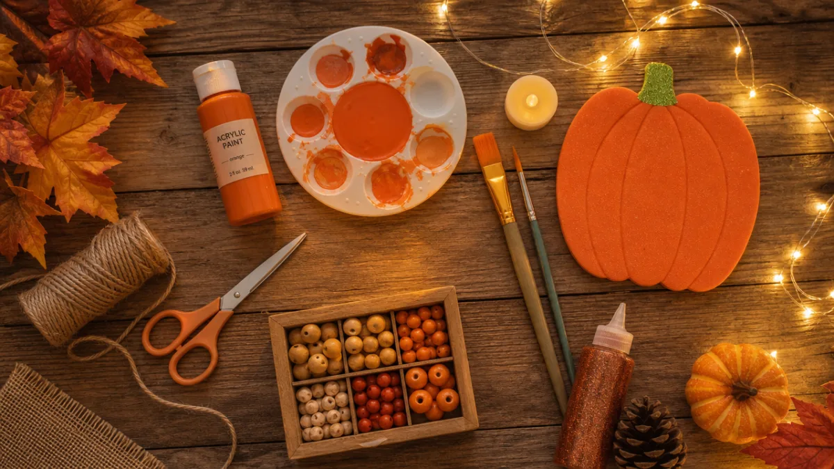 a flat lay of autumn craft supplies including orange paint, foam pumpkin,…