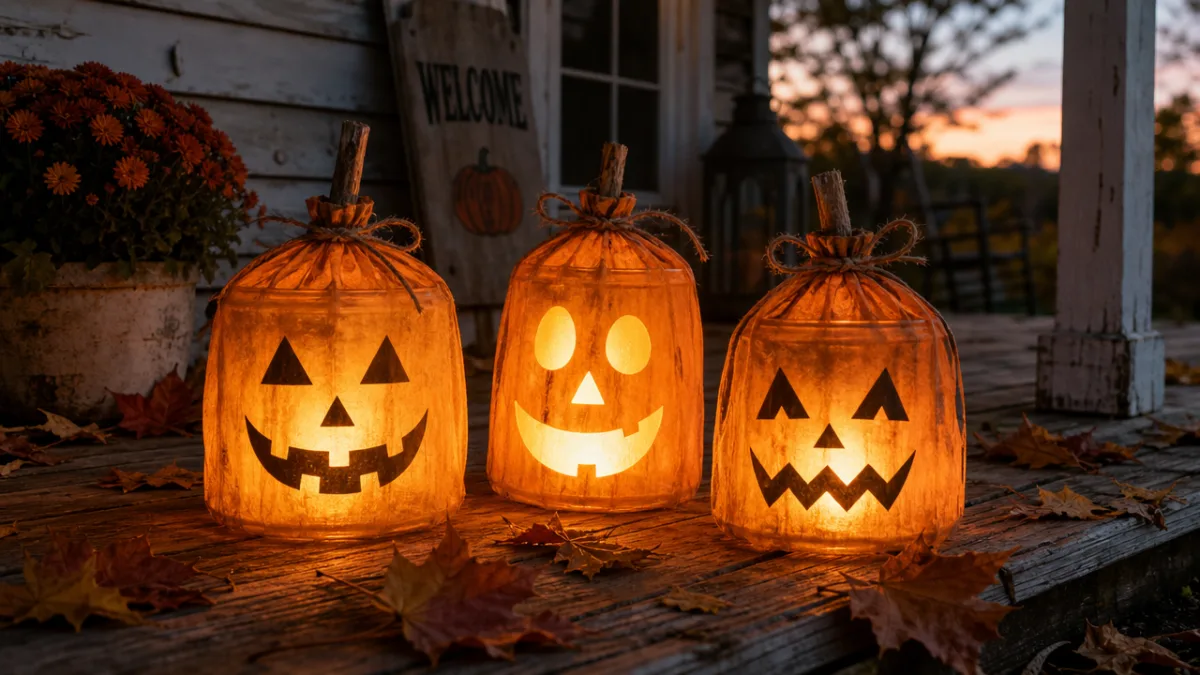 three glowing DIY pumpkin light covers on a rustic wooden porch at…