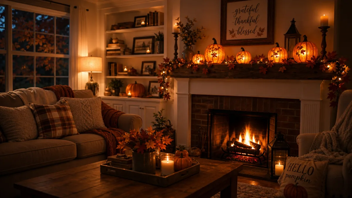 a cozy autumn living room with glowing pumpkin light covers on a…