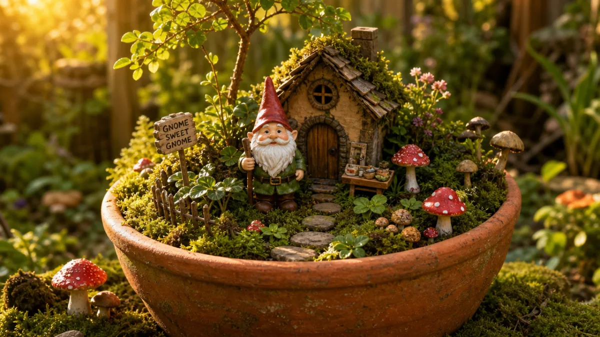 a lush DIY gnome garden in a terracotta pot surrounded by moss…