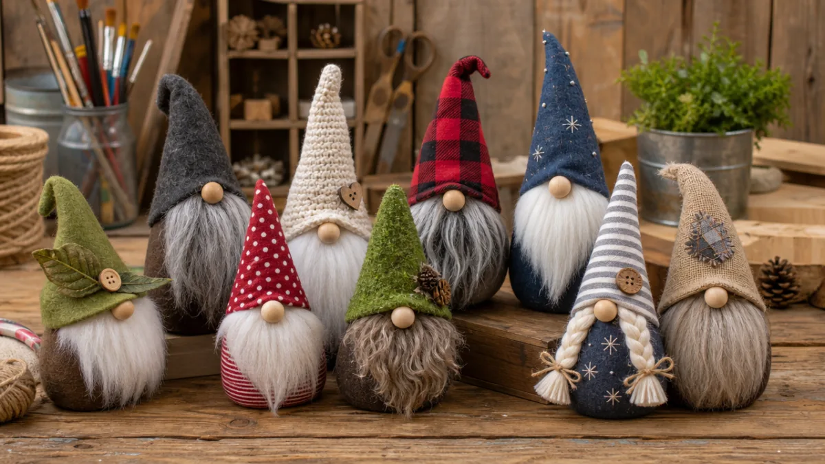 handcrafted DIY gnomes in various styles arranged on a rustic wooden workbench,…