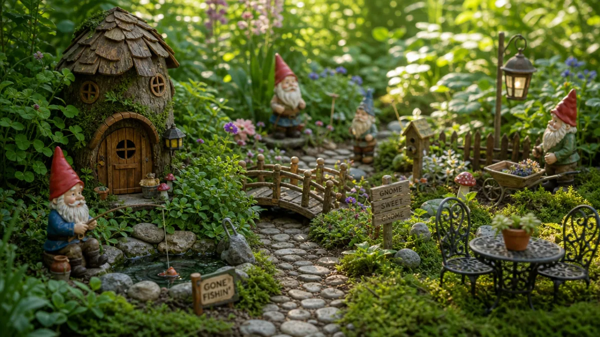 an elaborate gnome garden scene with tiny pathway, miniature accessories, and lush…