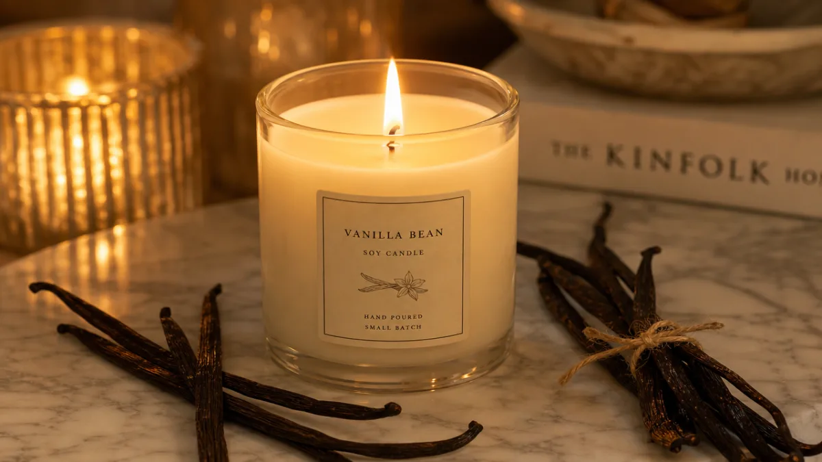 a cream-colored soy candle on a marble surface surrounded by vanilla pods,…