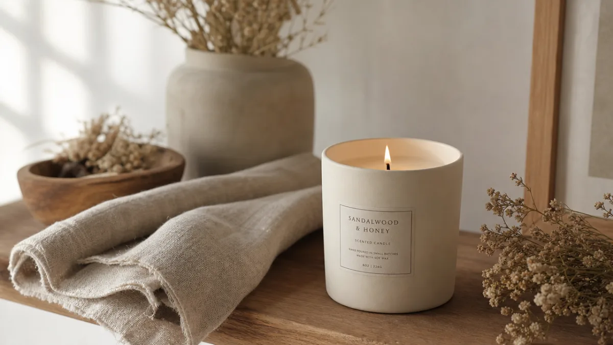 styled cream candle beside linen fabric and dried botanicals on a wooden…
