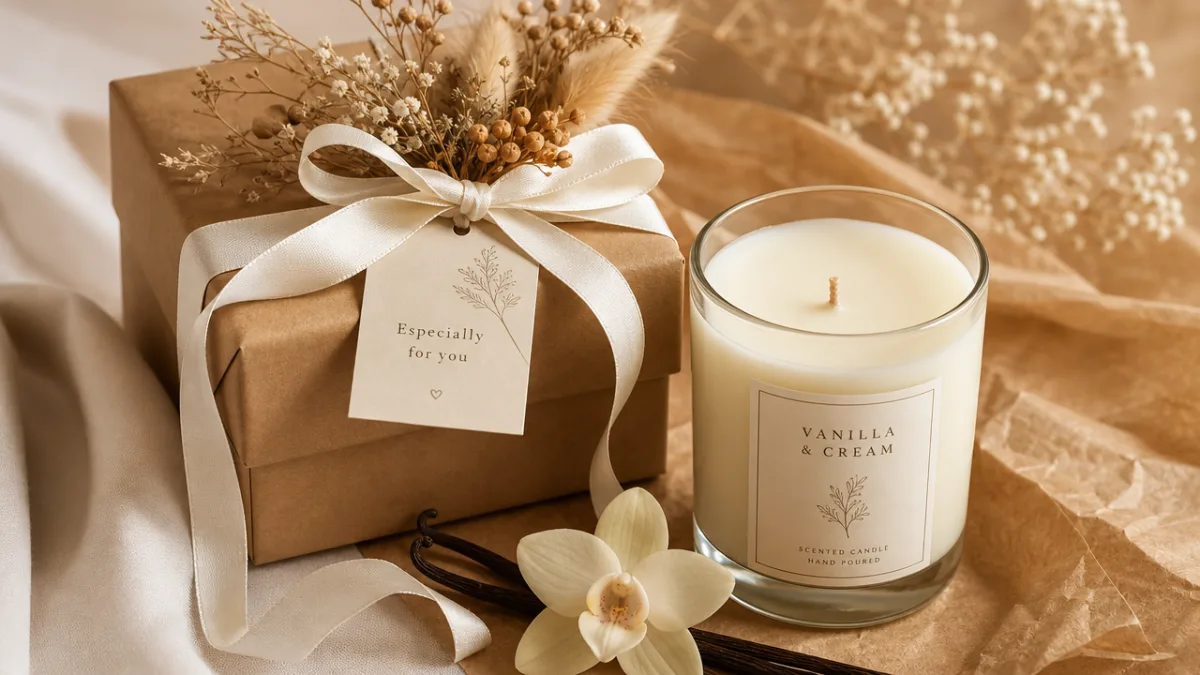 vanilla and cream candle in elegant gift wrapping with dried flowers and…
