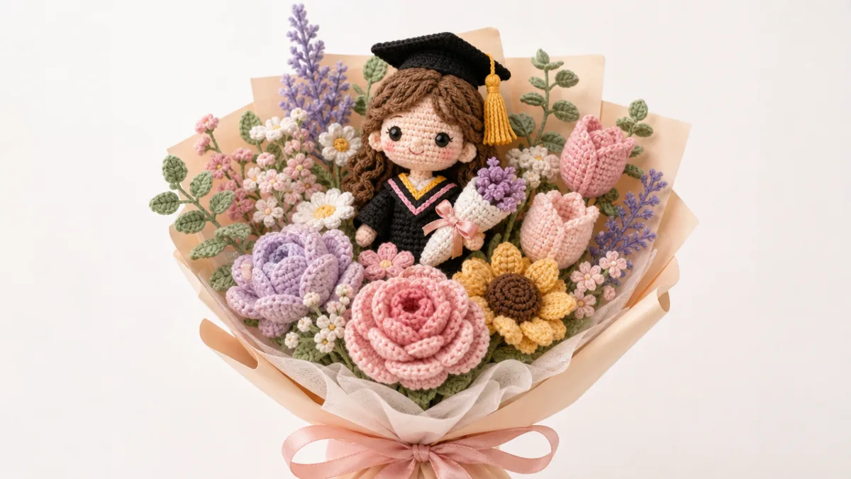 a handcrafted crochet graduation bouquet with pastel flowers and a small doll,…