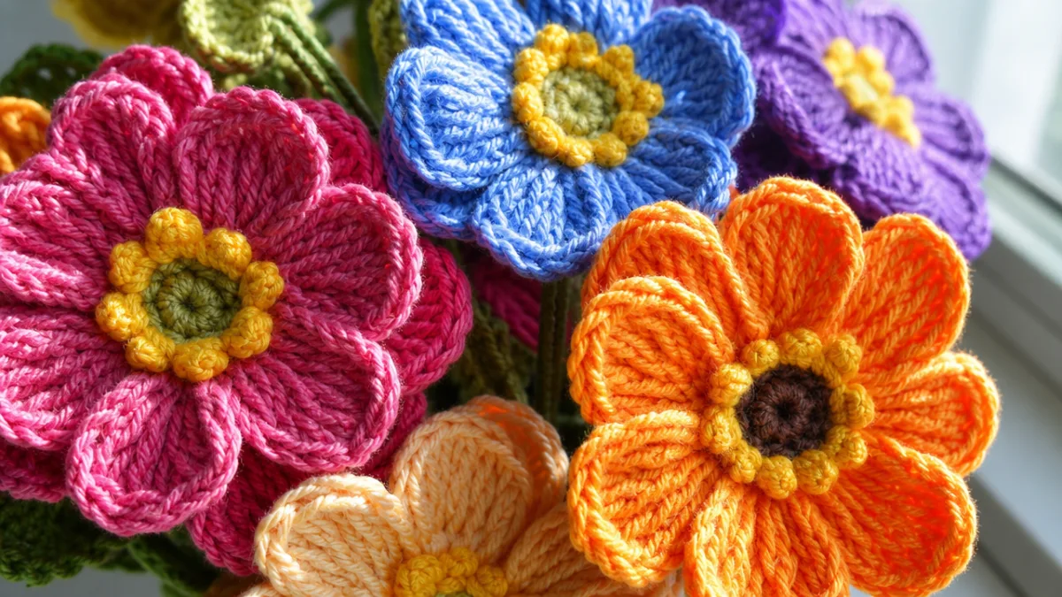 close-up of colorful crochet flowers in vibrant yarn with detailed stitching, bright…