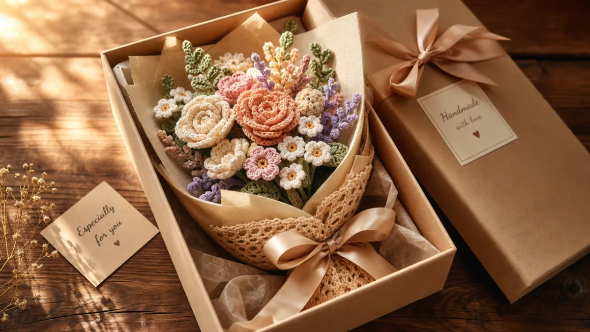 elegantly wrapped handmade crochet bouquet gift box with ribbon, warm golden light…