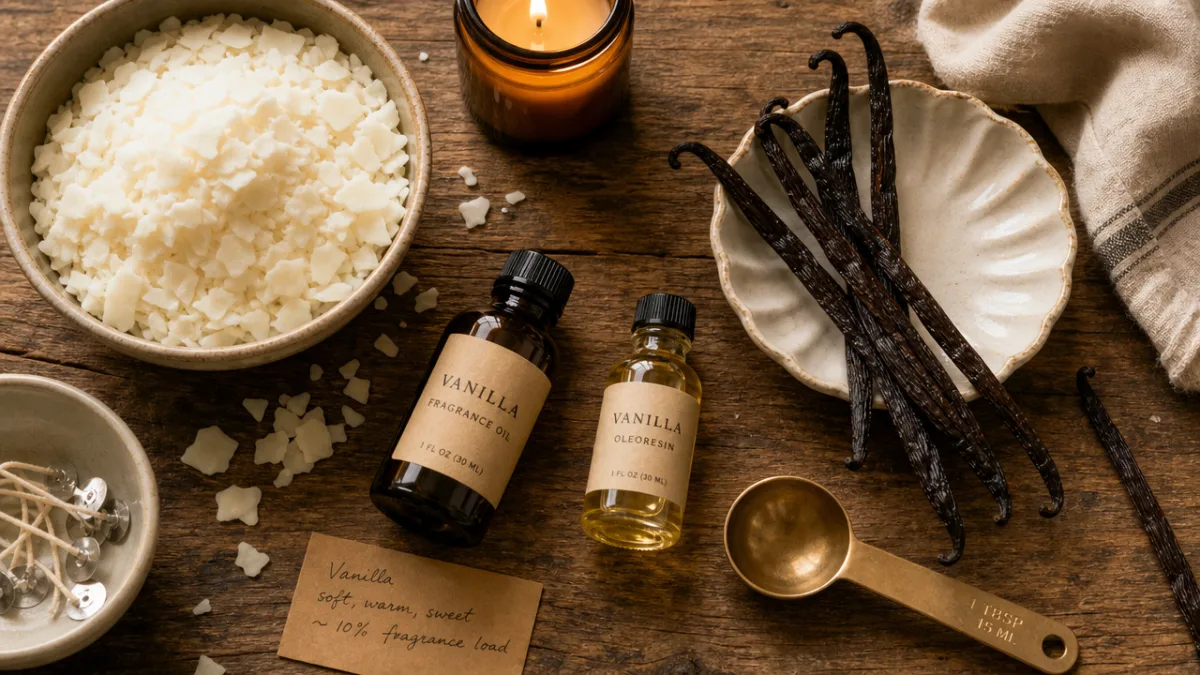 a flat lay of vanilla candle making ingredients including wax, fragrance oils,…
