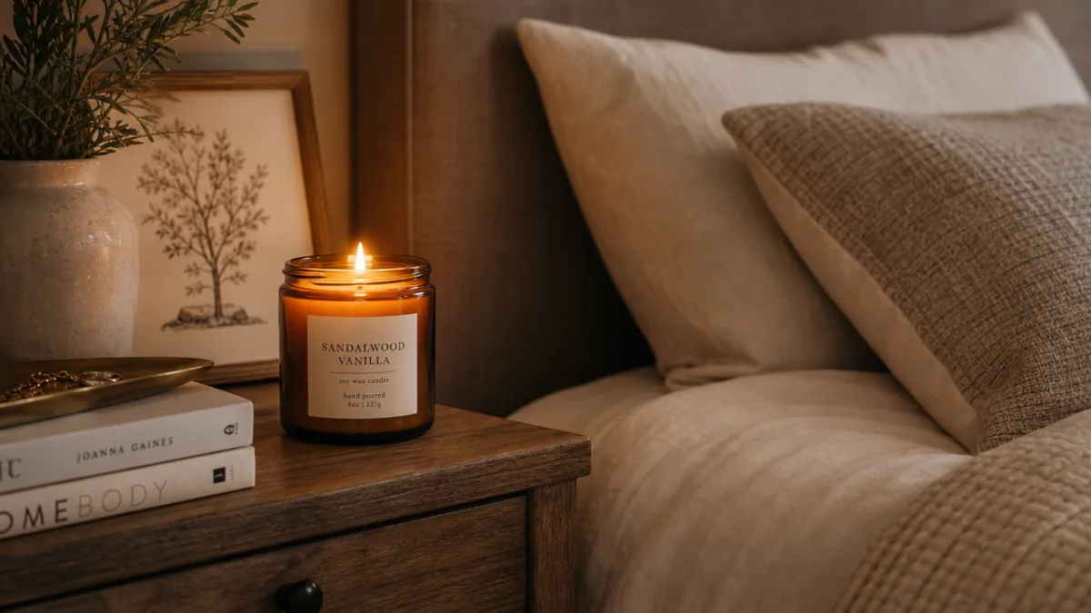 a cozy bedroom nightstand with a lit vanilla candle in an amber…
