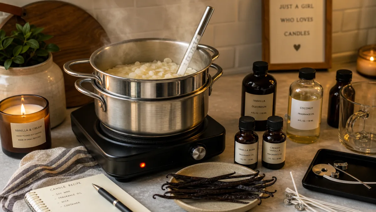 a home candle making setup with melting wax in a double boiler,…