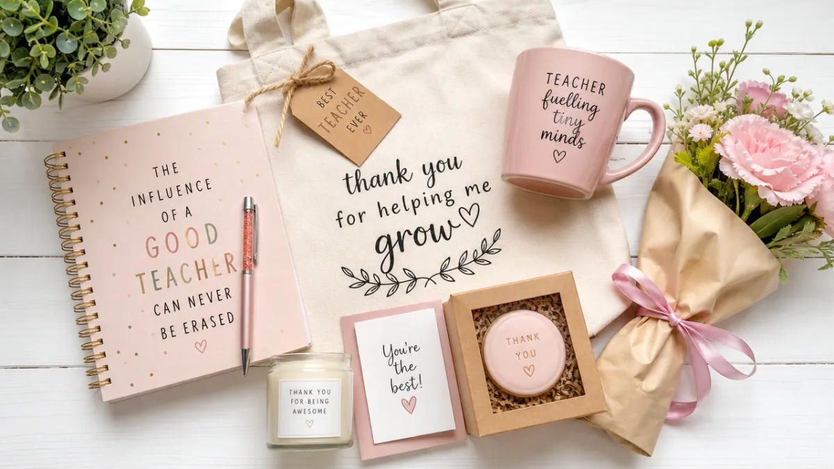 a beautifully arranged teacher appreciation gift flat lay on a white wooden…
