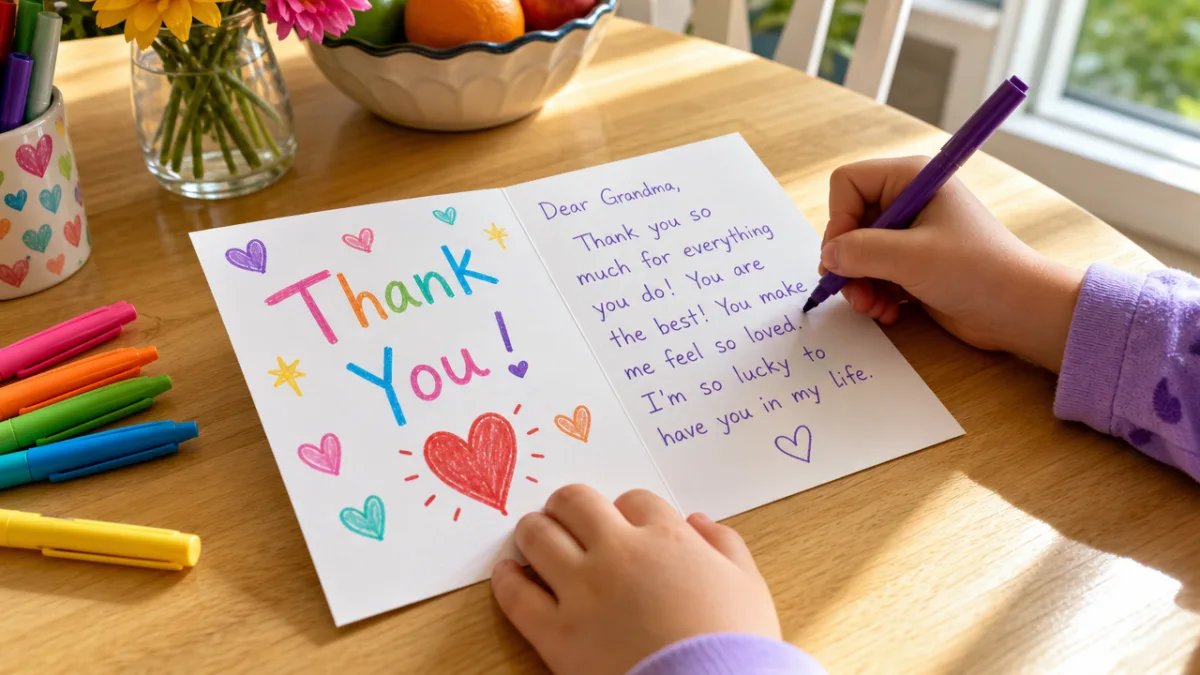 a child's hand writing a heartfelt thank you card on a bright…