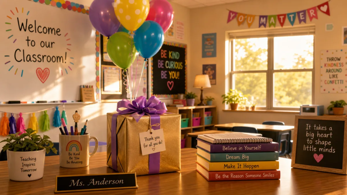 a cheerfully decorated classroom with colorful balloons and a gift displayed on…