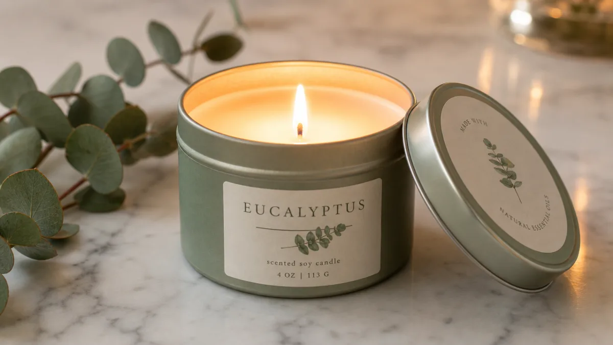 a close-up of a eucalyptus tin candle on a white marble surface…