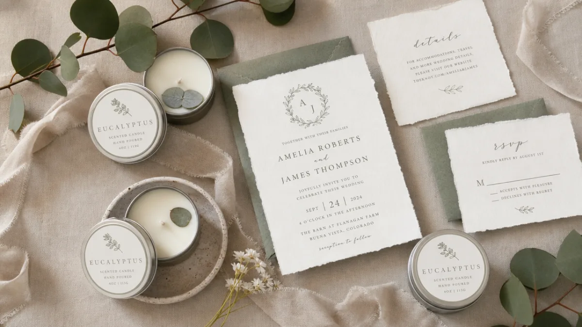 a styled flat lay of small eucalyptus tin candles with linen ribbon…