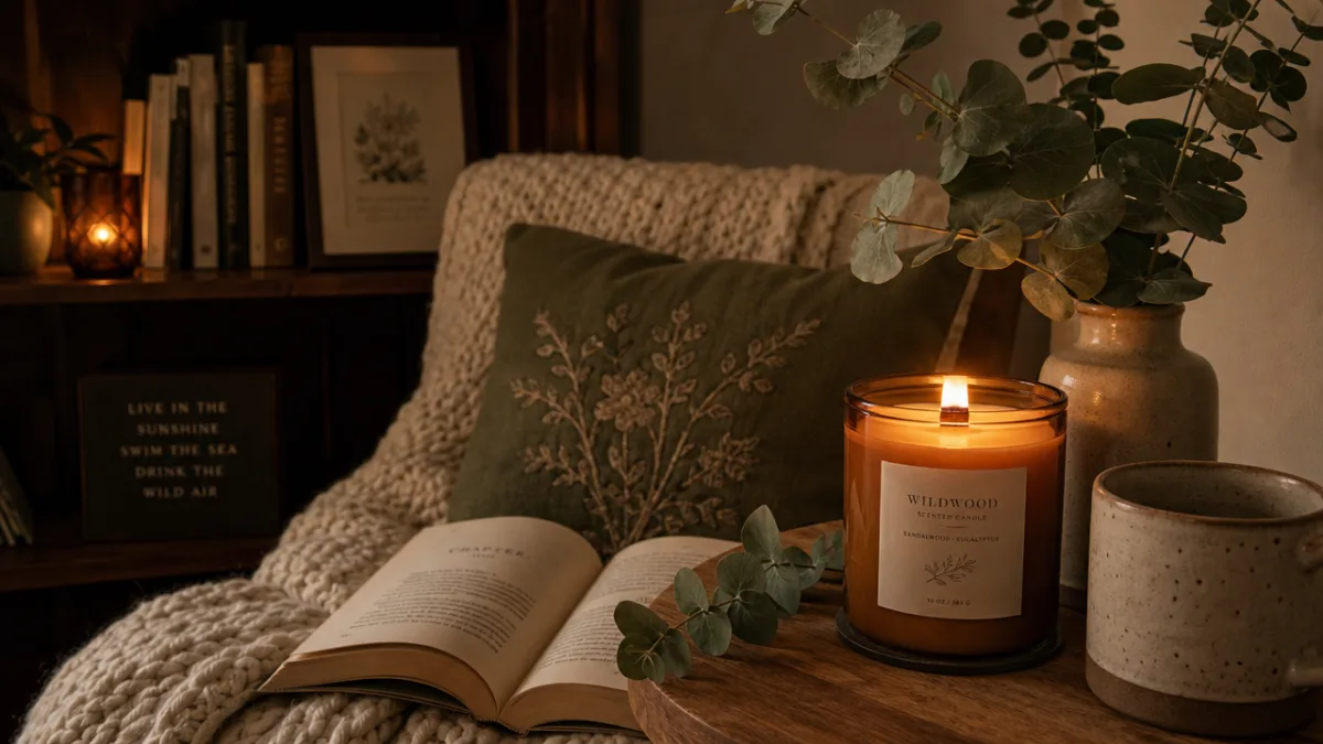 a cozy reading nook with a wooden wick candle burning, warm amber…