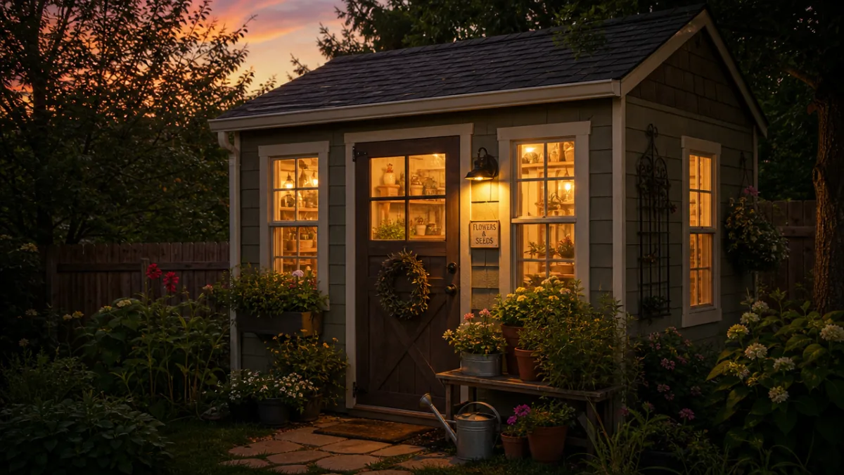 a cozy backyard shed exterior with warm golden light glowing through windows…