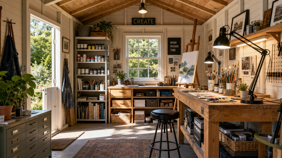 a sunlit shed interior converted into an art studio with organized shelves,…