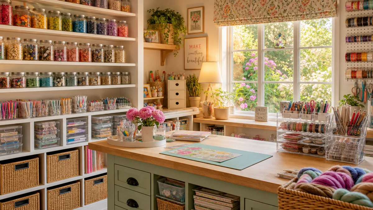 a beautifully organized craft studio with colorful supplies in clear containers, warm…
