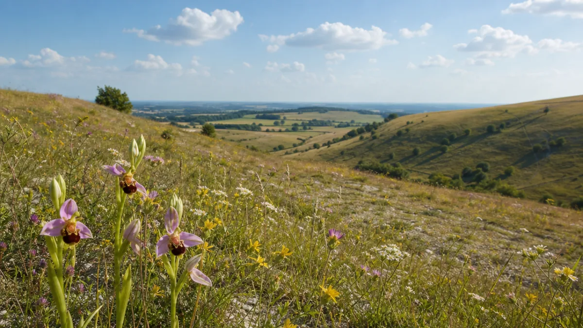 a sun-drenched chalk grassland landscape with scattered wildflowers and Bee Orchids in…